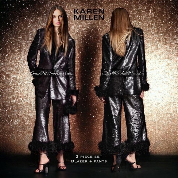 Karen Millen NWT 2 PC black feather trim sequin  blazer + pants *shop@iamwarrior - Picture 4 of 11